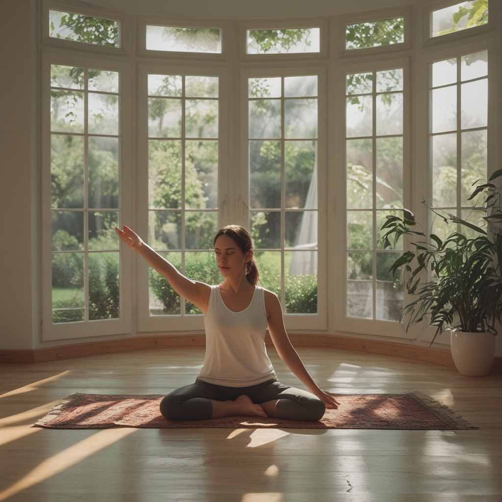 Woman performing a seated forward fold stretch on a yoga mat in a light-filled studio with wooden floors, showing deep hip and hamstring flexibility in a calm environment