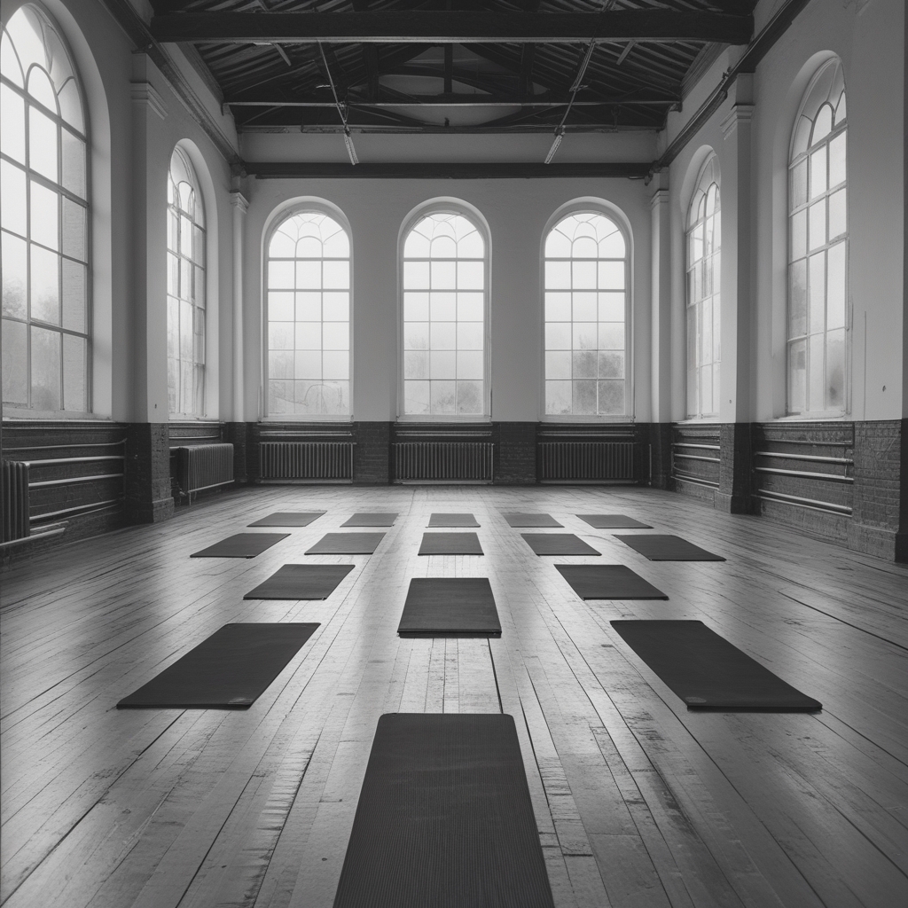 Black and white styled photograph of a row of yoga mats arranged in an empty wooden floor studio with high ceilings and arched windows, evoking a historical gymnasium or movement school atmosphere