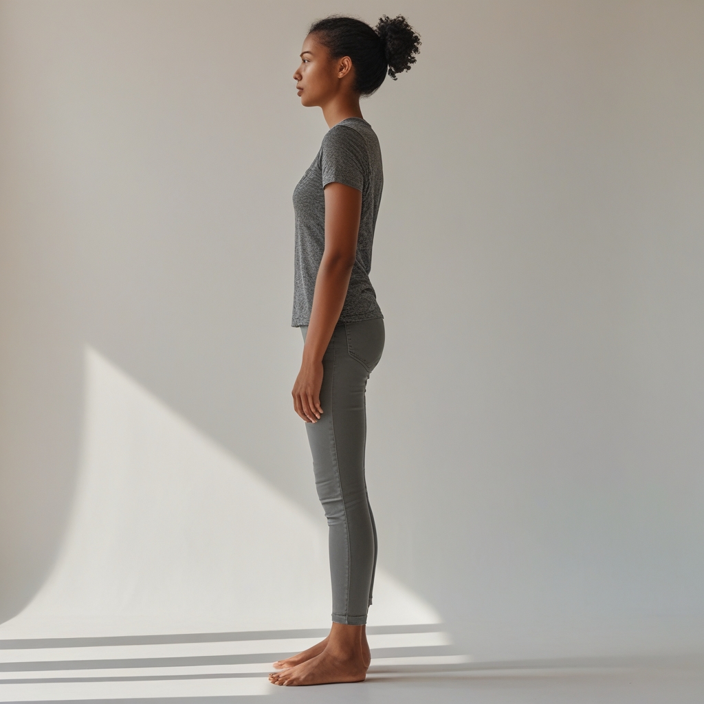 Side view of a person standing in neutral spine alignment against a plain light background, demonstrating correct vertical posture with relaxed shoulders and balanced weight distribution